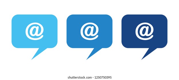Email symbol in speech bubbles. Blue speech bubbles with at symbol. Design elements for your works.