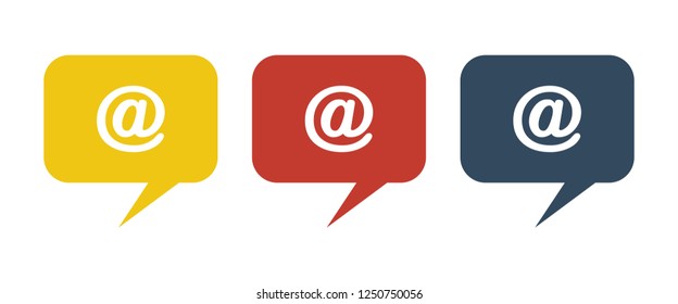 email symbol in speech bubbles. yellow, red and blue speech bubbles with at symbol. design elements for your works.
