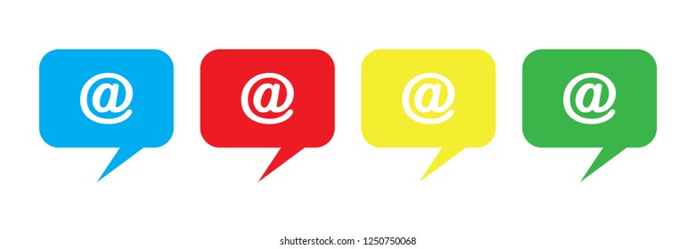 Email symbol in speech bubbles. Yellow, red, green and blue speech bubbles with at symbol. Design elements for your works.
