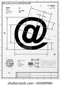 Email symbol as technical drawing. Stylized drafting of mail sign with title block. Vector image