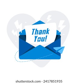 Email text Thank you. in cartoon flat style. Airplanes send blue color. Heart background