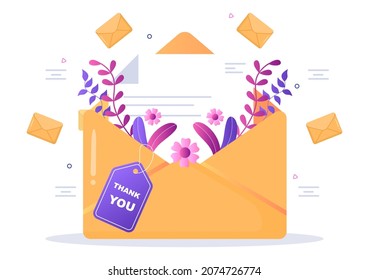 Email Thank You Banner Flat Illustration with Envelope Greeting Card and Text Thanks Vector Background