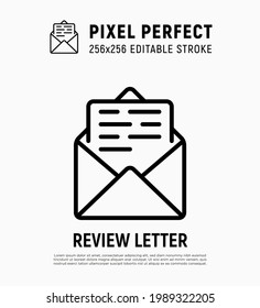 E-Mail-Symbol für dünne Linie. Offener Umschlag mit Brief. Pixel perfekt, bearbeitbarer Strich. Online-Nachricht, Werbung, Feedback. Vektorgrafik.