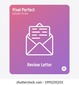 E-mail thin line icon. Open envelope with letter. Pixel perfect, editable stroke. Online message, promotion, feedback. Vector illustration.