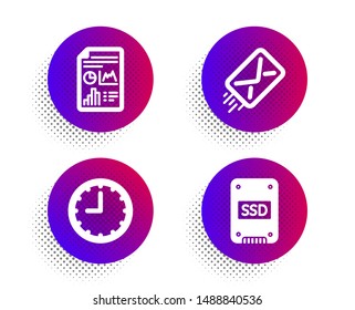E-mail, Time and Report document icons simple set. Halftone dots button. Ssd sign. Mail delivery, Office clock, Growth chart. Solid-state drive. Technology set. Classic flat e-mail icon. Vector
