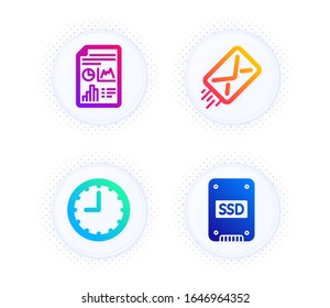E-mail, Time and Report document icons simple set. Button with halftone dots. Ssd sign. Mail delivery, Office clock, Growth chart. Solid-state drive. Technology set. Gradient flat e-mail icon. Vector