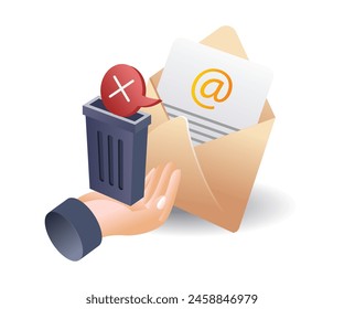 Email with trash in hand infographic 3d illustration flat isometric