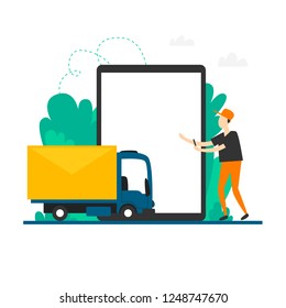 Email. Truck brought a letter. Flat style vector illustration.