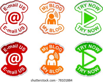 "E-mail us", "my blog", "try now"  vector stickers.