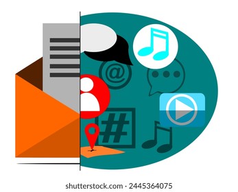 Email vector flat icon, half envelope illustration and with several emailable icons.
