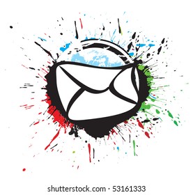 e-mail vector icon in black and white grunge ink splat, vector illustration.