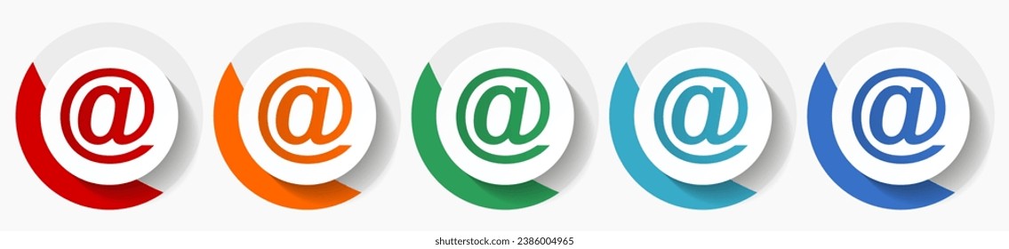 Email vector icon set, flat design colorful round icons in 5 color options for webdesign and mobile applications