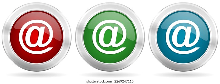 Email vector icon set. Red, blue and green silver metallic web buttons with chrome border