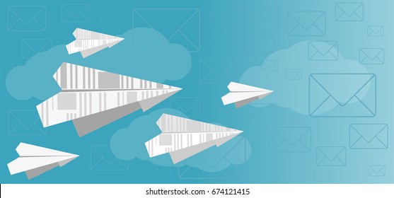 Email vector, mailing, spam, paper airplane, banner, blue background.