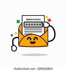 Email Verification Code Concept. Isolated Cute Mail Cartoon Face With Verification Letter  Vector Illustration