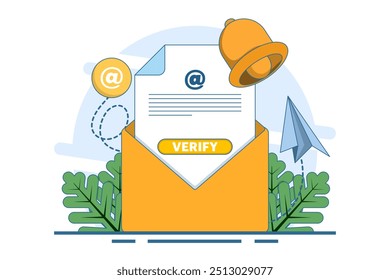 Concepto de verificación de correo electrónico. recibir correo electrónico entrante. Envío y recepción de correo electrónico de verificación. Se puede utilizar para la página de Web, Anuncio, App móvil. Ilustración vectorial plana aislada sobre fondo.