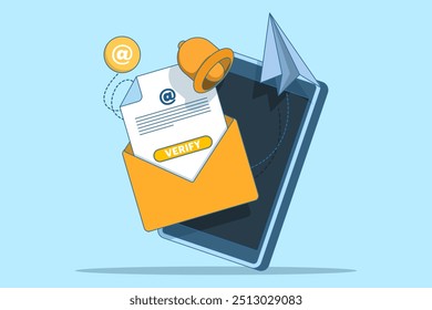 Concepto de verificación de correo electrónico. recibir correo electrónico entrante. Envío y recepción de correo electrónico de verificación. Se puede utilizar para la página de Web, Anuncio, App móvil. Ilustración vectorial plana aislada sobre fondo.