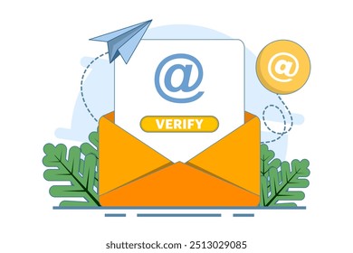 Concepto de verificación de correo electrónico. recibir correo electrónico entrante. Envío y recepción de correo electrónico de verificación. Se puede utilizar para la página de Web, Anuncio, App móvil. Ilustración vectorial plana aislada sobre fondo.