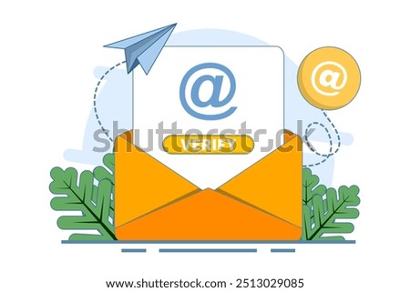 Email verification concept. receiving incoming email. Sending and receiving verification email. Can be used for web page, banner, mobile app. Flat vector illustration isolated on background.