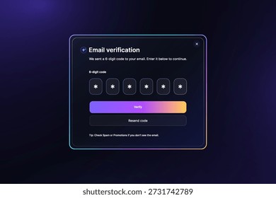 Interfaz de usuario de pantalla OTP con modo oscuro de Botón degradado. UI, Elementos de interfaz UX. Modal de verificación de correo electrónico del usuario con entrada OTP de 6 dígitos. Interfaz de neón futurista. Barra gráfica de Vector