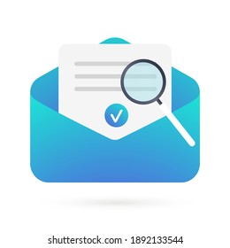 Email Verification, Validation Flat Vector Icon. Modern Illustration For UI, Graphic, Web, Design, App. Verify Email Addresses - Open Mail Envelope With Text Message, Checkmark And Magnifier Icons.