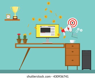 email video marketing with work desk on table with computer and marketing sign and target gold coin money vector graphic illustration