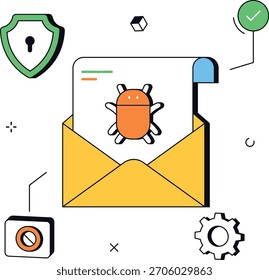 Email virus and attachment on network security isometric flat vector illustration. Ideal for antivirus software, security blogs, or digital safety presentations.