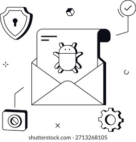 Datos adjuntos de virus de correo electrónico en la Ilustración vectorial plana isométrica de seguridad de red