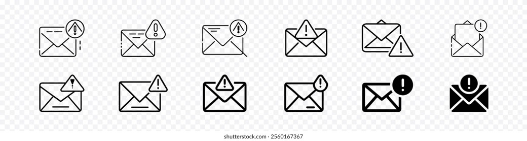 Email warning icon sign, Email with warning sign, Mail icon. Envelope sign. Email icons. Letter icon. Spam icon.