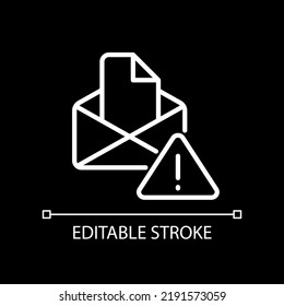 E-Mail-Warnung, weißes lineares Symbol für dunkles Thema. Senden und empfangen Sie digitalen Brief. Nachricht wird nicht gesendet. Dünne Illustration. Einzelnes Symbol für den Nachtmodus. Bearbeitbarer Strich. Arithmetik verwendet
