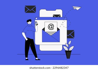 Concepto web de correo electrónico con escena de caracteres en diseño plano. Personas que envían nuevas cartas desde el buzón de correo, usando correspondencia en línea en aplicaciones móviles. Ilustración vectorial para material de marketing en medios sociales.