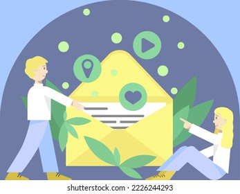 Email for web design. The boy takes out a letter from the envelope, the girl points to the heart symbol. White paper with written message. Yellow envelope with letter, flat cartoon style.