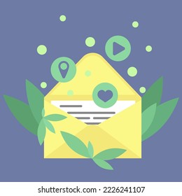 Email for web design. Message vector concept. The letter comes out of the envelope. White paper with writing message. Yellow envelope with letter, flat cartoon style.