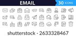 Email Web Icon Set in Line Style. Collection of E-mail and Letter Linear Icons, Including mail, envelope, email, postal, letter sent, inbox, new mail, reply and forward mail and more. Editable Stroke