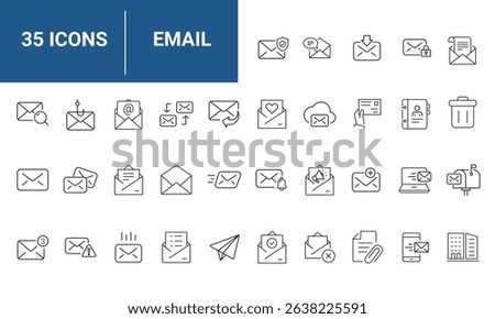 Email Web Icon Set in Line Style. Collection of E-mail and Letter Linear Icons, Including mail, envelope, email, postal, letter sent, inbox, new mail, reply and forward mail and more. Editable Stroke