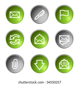 Iconos web de correo electrónico, series de botones de círculo verde y gris