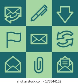 Email web icons, green square buttons set