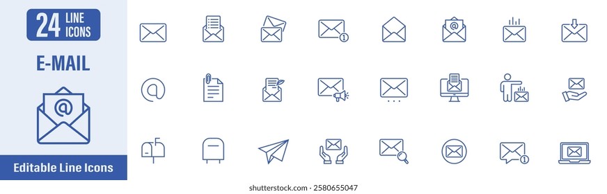 E-mail web icons in line style. Email, email message, email notification, notice, mailbox, post office, incoming message, outgoing message, envelope and more. Vector illustration.