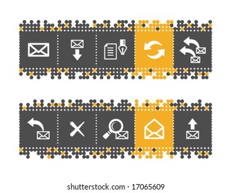 E-mail web icons on grey and orange dots bar. Vector file has layers, all icons in two versions are included.