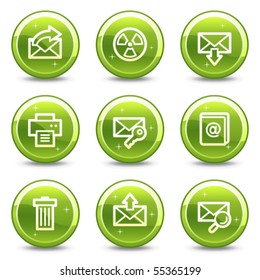 Iconos web de correo electrónico conjunto 2, serie de botones de círculo brillante verde