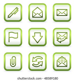 Iconos web de correo electrónico, botones cuadrados, contorno verde