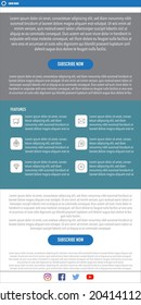 Email, website design template with subscribe button, icon features and social media icon. Center alignment minimalist alignment