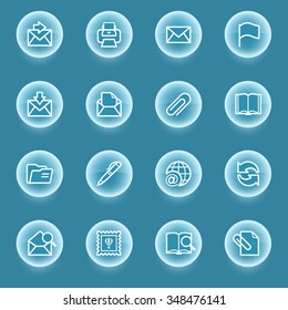 Email white icons with luminous buttons on blue background.