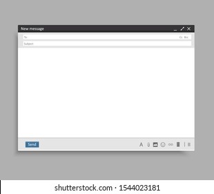 Email Window Interface Template. Mail Message Interface Blank Website Panel Screen With Send Form. Vector