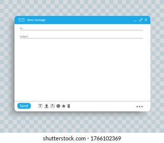 Email window interface template. Mail message interface blank website panel screen with send form. Vector