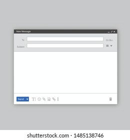 Email window mockup realistic illustration. Blank new message template isolated on grey background. Traditional electronic correspondence form with addressee, subject fields, editing options