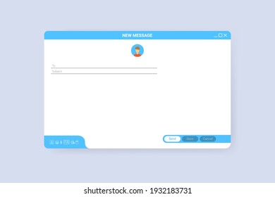 Email window template, new message blue interface mockup design. Computer desktop screen of mail isolated. Internet webpage illustration with icons. UI design template