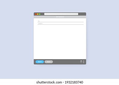 Email window template, new message grey interface mockup design. Computer desktop screen of mail isolated. Internet webpage illustration with icons. UI design template