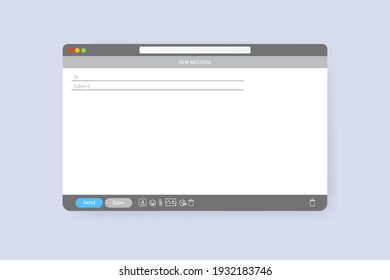 Email window template, new message grey interface mockup design. Computer desktop screen of mail isolated. Internet webpage illustration with icons. UI design template