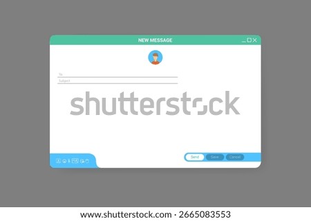 Email window template, new message blue interface mockup design. Computer desktop screen of mail isolated. Internet webpage illustration with icons. UI design template